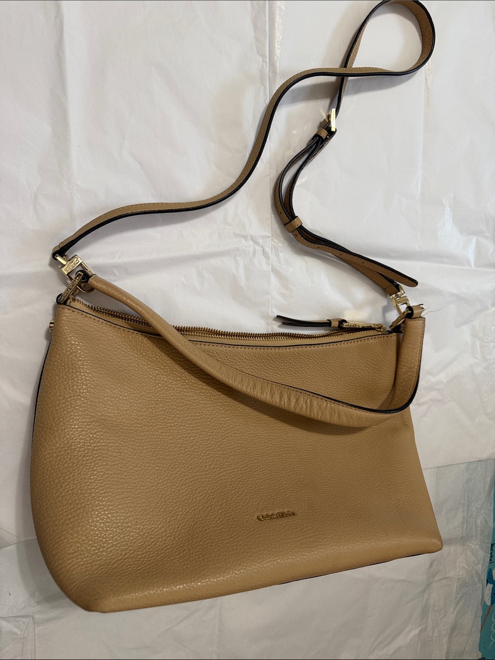 Calvin Klein Pebbled Leather Shoulder end crossbody Bag in Tan